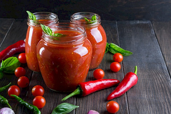 Tomato ketchup sauce with cherry tomatoes and red hot chili peppers, garlic and herbs in a  glass jar on dark background. Homemade tomato sauce and fresh tomatoes